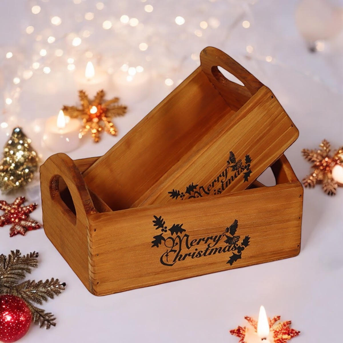AcaciaHome Vintage 'Merry Xmas' Wooden Storage Crates, Set of 2 – Stackable with Handles, Brown