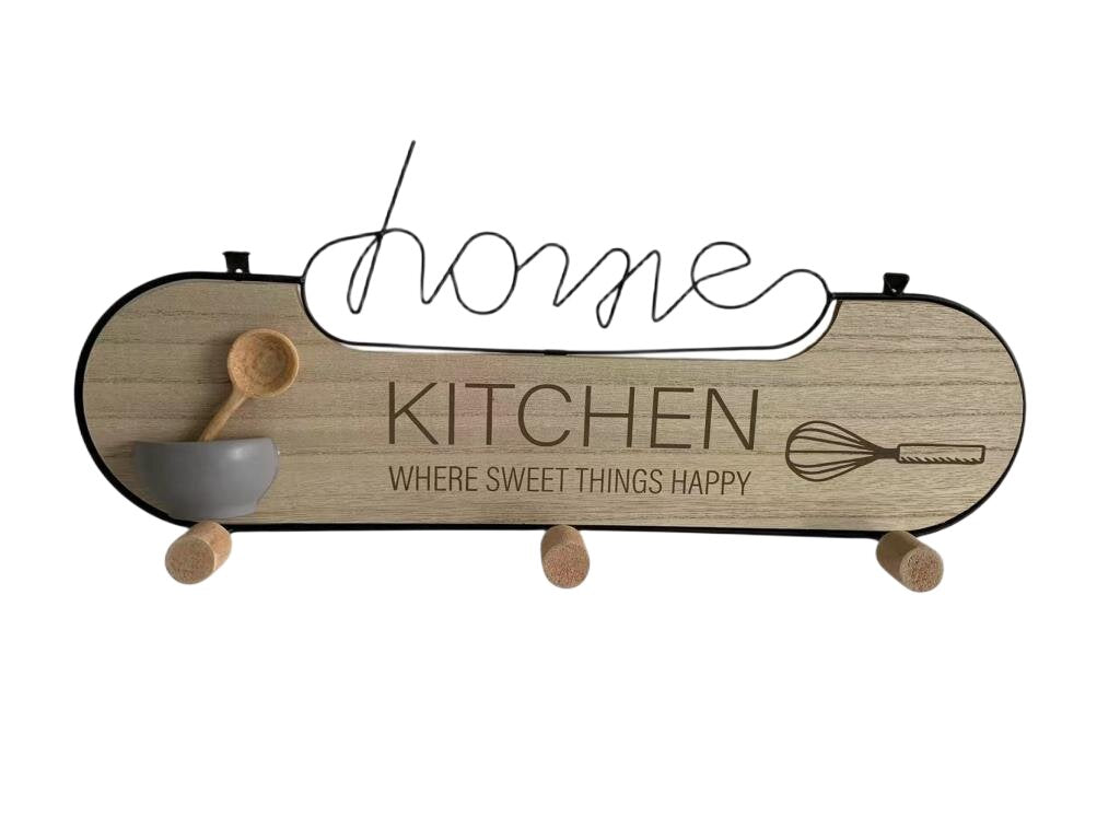 AcaciaHome Wall Mounted Wooden Kitchen Shelf with 3 Iron Hooks – Floating MDF Mug Holder Organiser, Beige