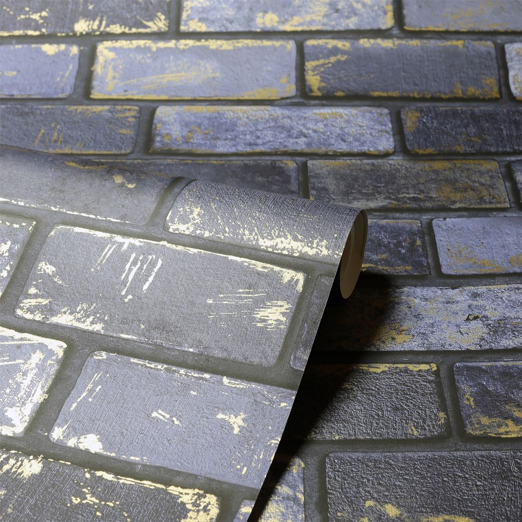 Arthouse Metallic Brick Wallpaper with Gold Highlights – Paste the Paper Feature Wall Covering, Navy and Gold