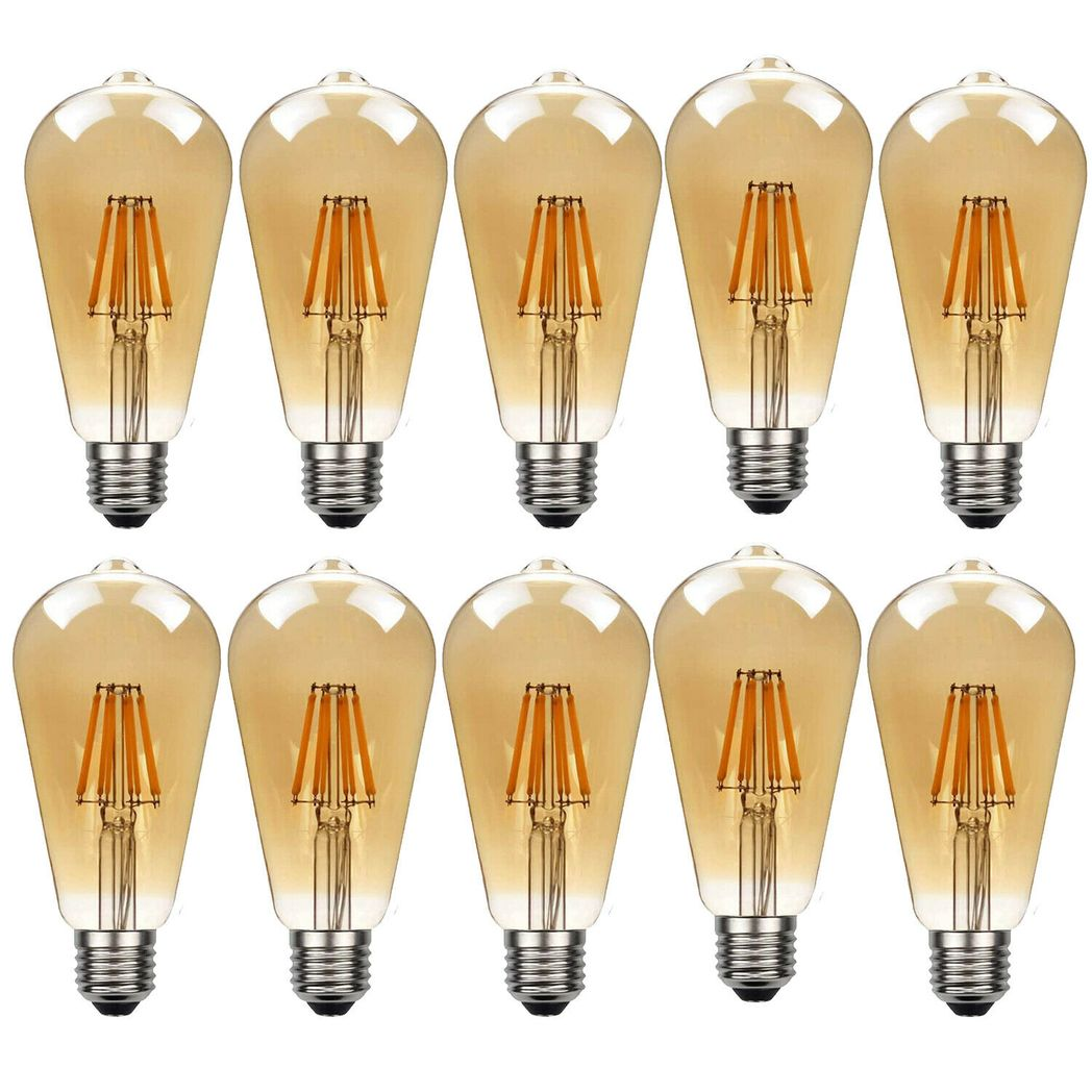 Ledsone 10 Pack E27 ST64 Vintage LED Edison Bulbs, 8W Dimmable Warm White 2700K – Amber Glass Filament