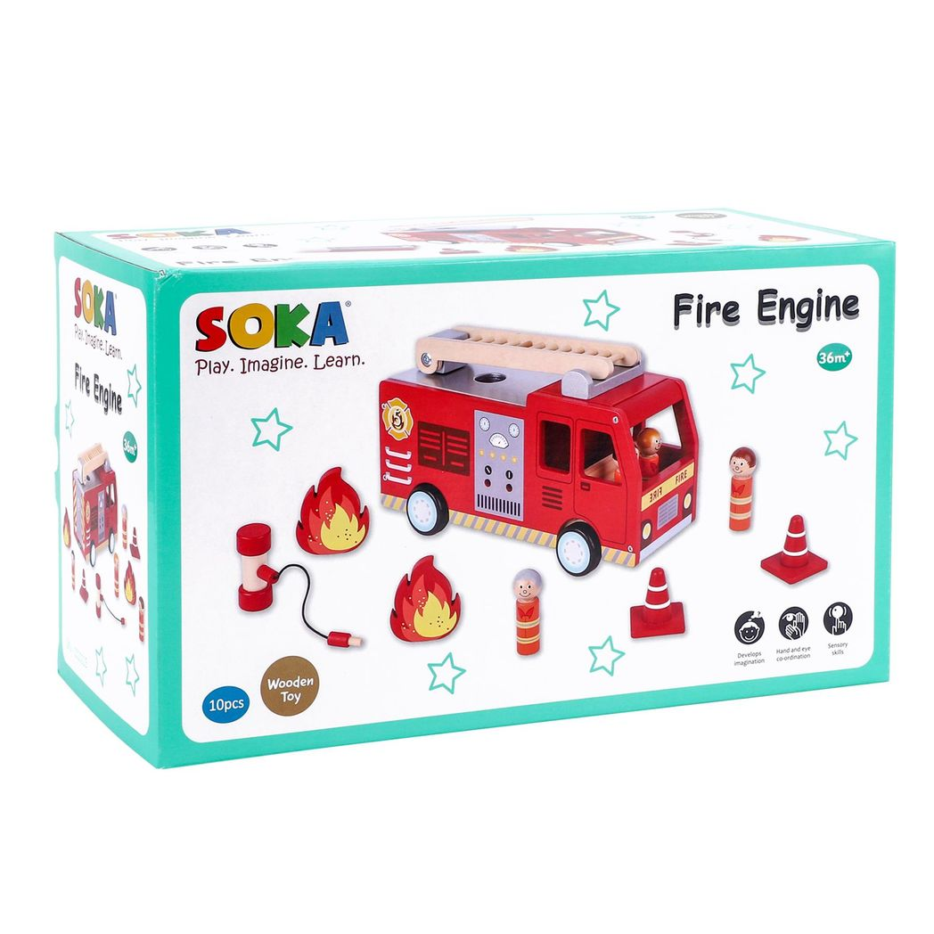 SOKA Wooden Fire Engine Playset with Extending Ladder, 4 Firefighter Figures & Hose – Kids Role Play Toy