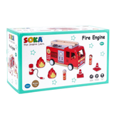 SOKA Wooden Fire Engine Playset with Extending Ladder, 4 Firefighter Figures & Hose – Kids Role Play Toy