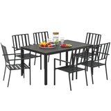 Outsunny 7-Piece Garden Dining Set with 6 Stackable Armchairs & Metal Table – Umbrella Hole, Black