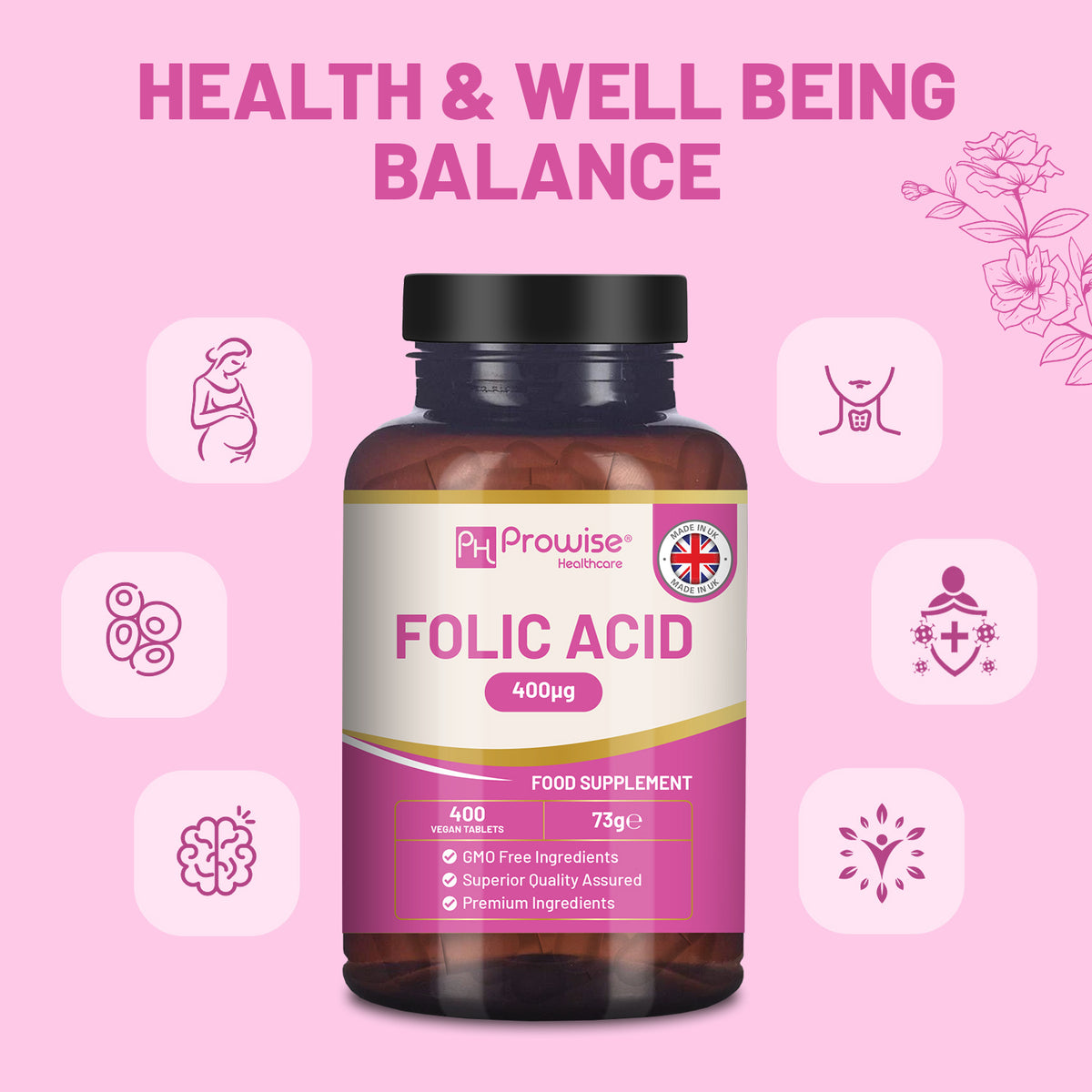 Prowise Folic Acid 400mcg Vitamin B9 Tablets – 400 Vegan Tablets, Over a Year's Supply, Made to GMP Guidelines
