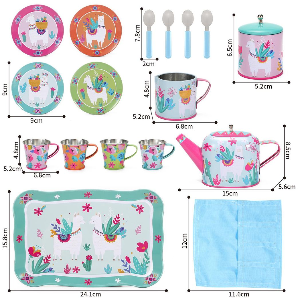 SOKA 18 Piece Tin Tea Set with Carry Case – Kids Role Play Tea Party Toy, Llama Design