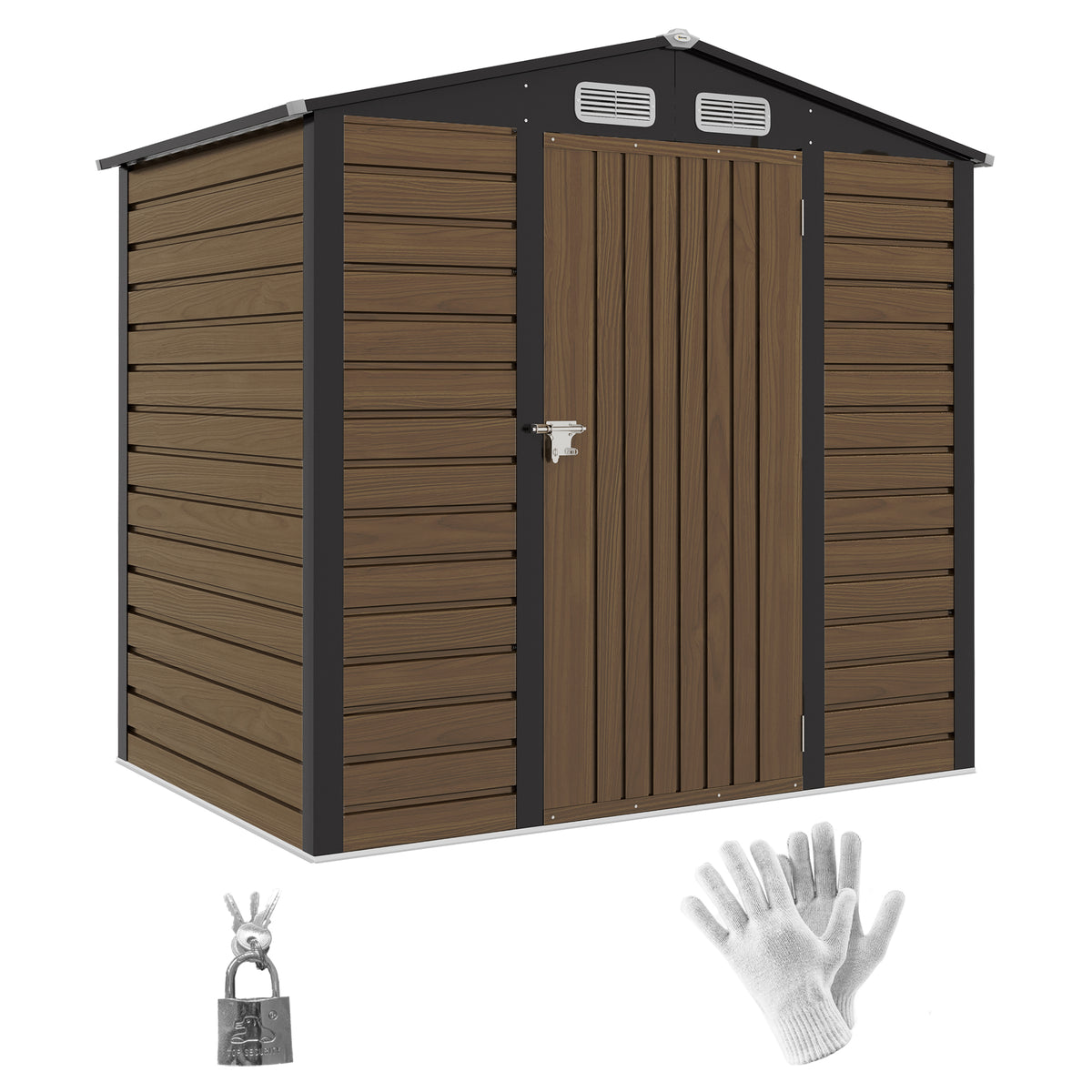 Outsunny 6.2 x 4.3ft Galvanised Steel Garden Shed with Vents & Sloped Roof – Outdoor Tool Storage, Oak