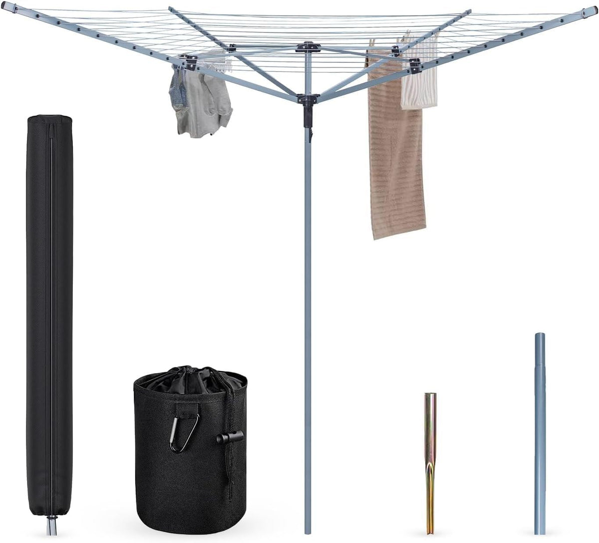 60m 4-Arm Rotary Airer Washing Line with Cover and Metal Ground Spike – Heavy Duty Steel