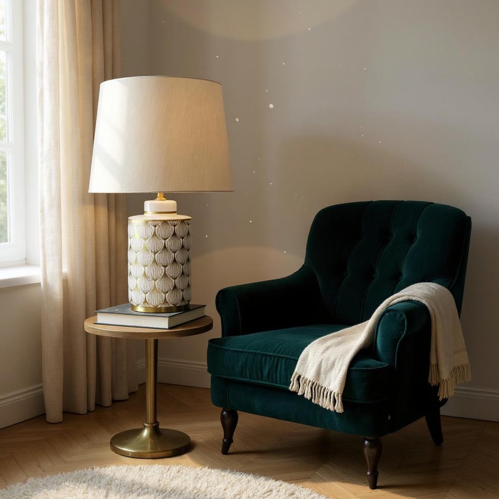 Cream Ceramic Striped Table Lamp with Handmade Drum Shade – Living Room & Bedroom Lighting