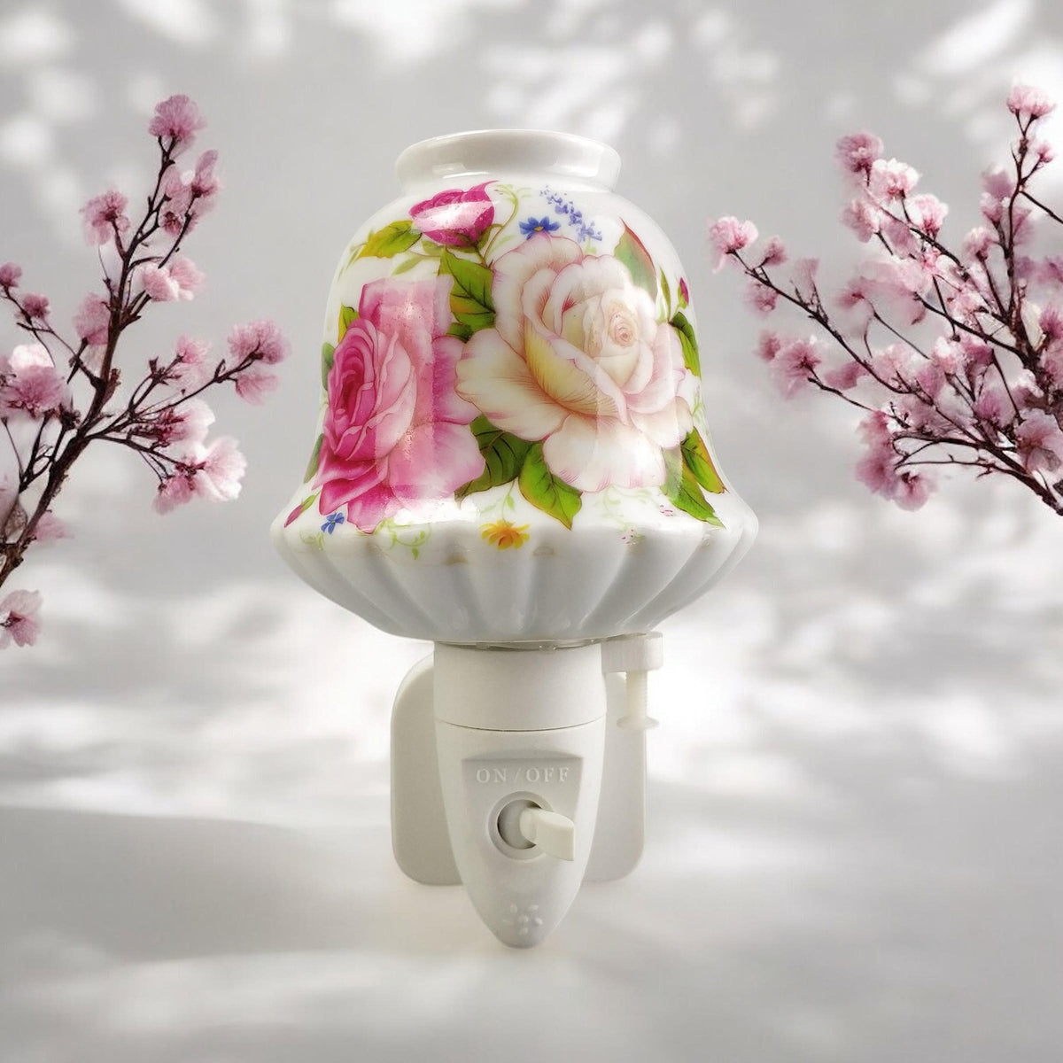 Plug-In LED Night Light with Pink Floral Ceramic Body and On/Off Switch – Decorative Lighting for Bedrooms and Hallways