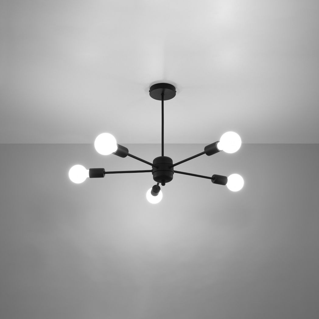Sollux Lighting Lango Steel Chandelier with 5 E27 Lights – Modern Design Ceiling Light, Black