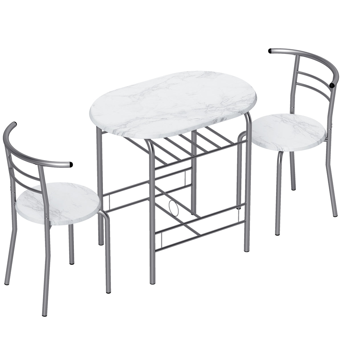HOMCOM Three-Piece Compact Dining Set with Table Shelf and 2 Chairs – Breakfast Set, White Marble Effect
