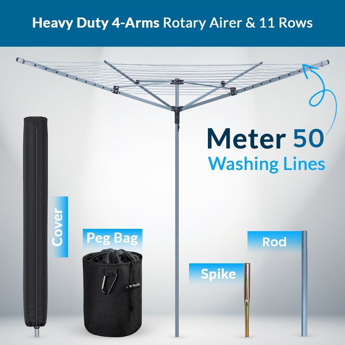 60m 4-Arm Rotary Airer Washing Line with Cover and Metal Ground Spike – Heavy Duty Steel