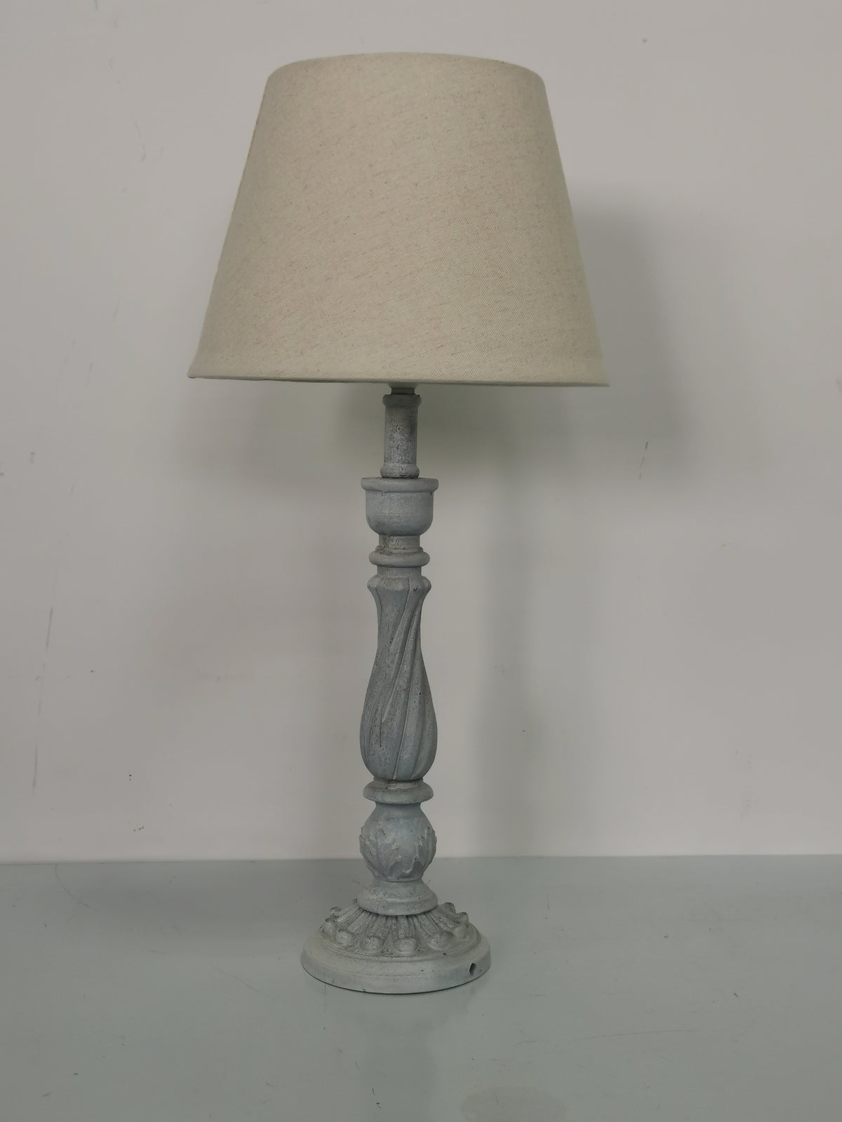 AcaciaHome Tall Washed Wood Table Lamp with Taupe Linen Shade – Shabby Chic & Farmhouse Lighting