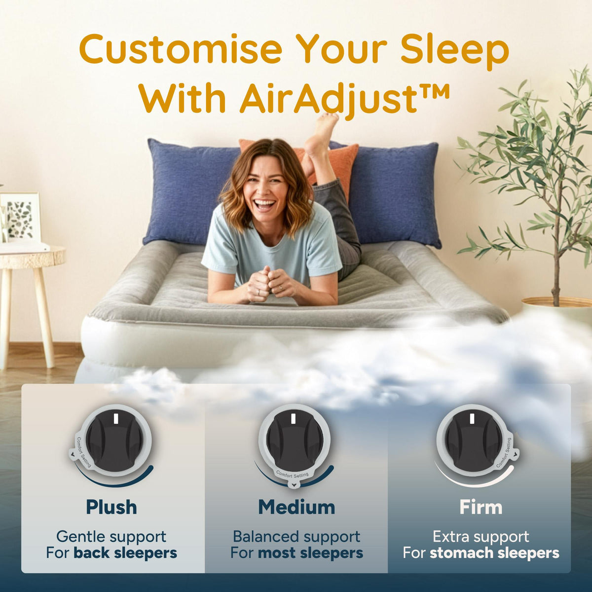 Huddle Never Deflate Air Bed with Dual-Action Pump, Comfort Dial & Nightlight – Single