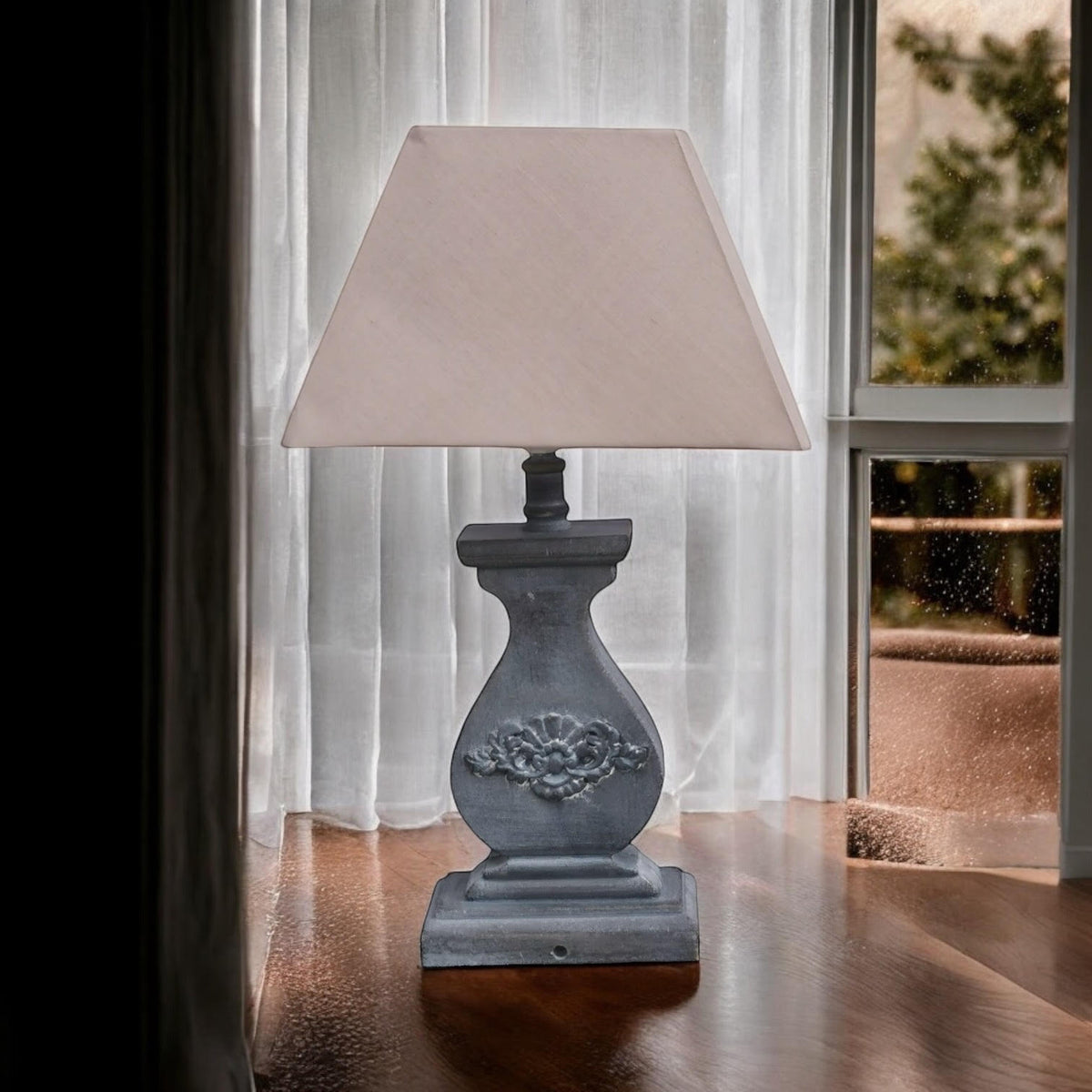 Tall Washed Wood Table Lamp with Taupe Linen Shade – Shabby Chic & Farmhouse Lighting