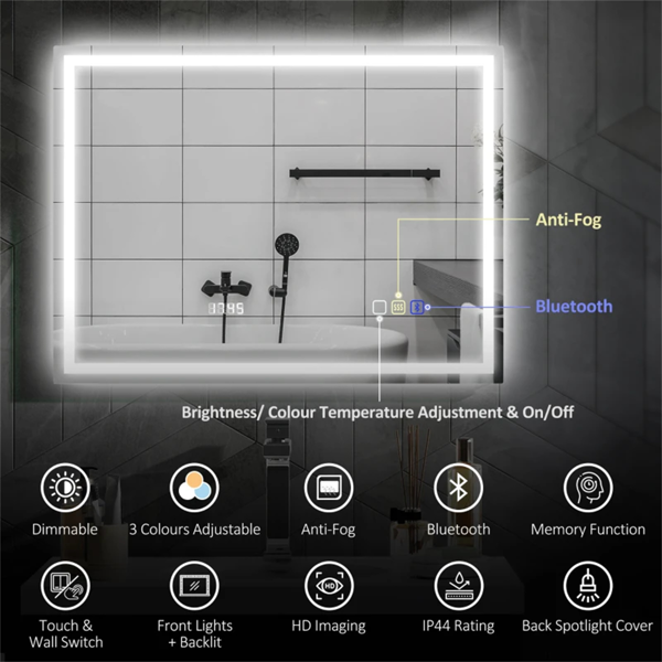 Home&Me LED Bathroom Mirror 80 x 60cm with Bluetooth Speaker, Clock & Demister – Silver, Dimmable