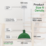 Dome Metal Pendant Lights, Set of 2 – Green Loft Style with White Interior, 21cm, E27