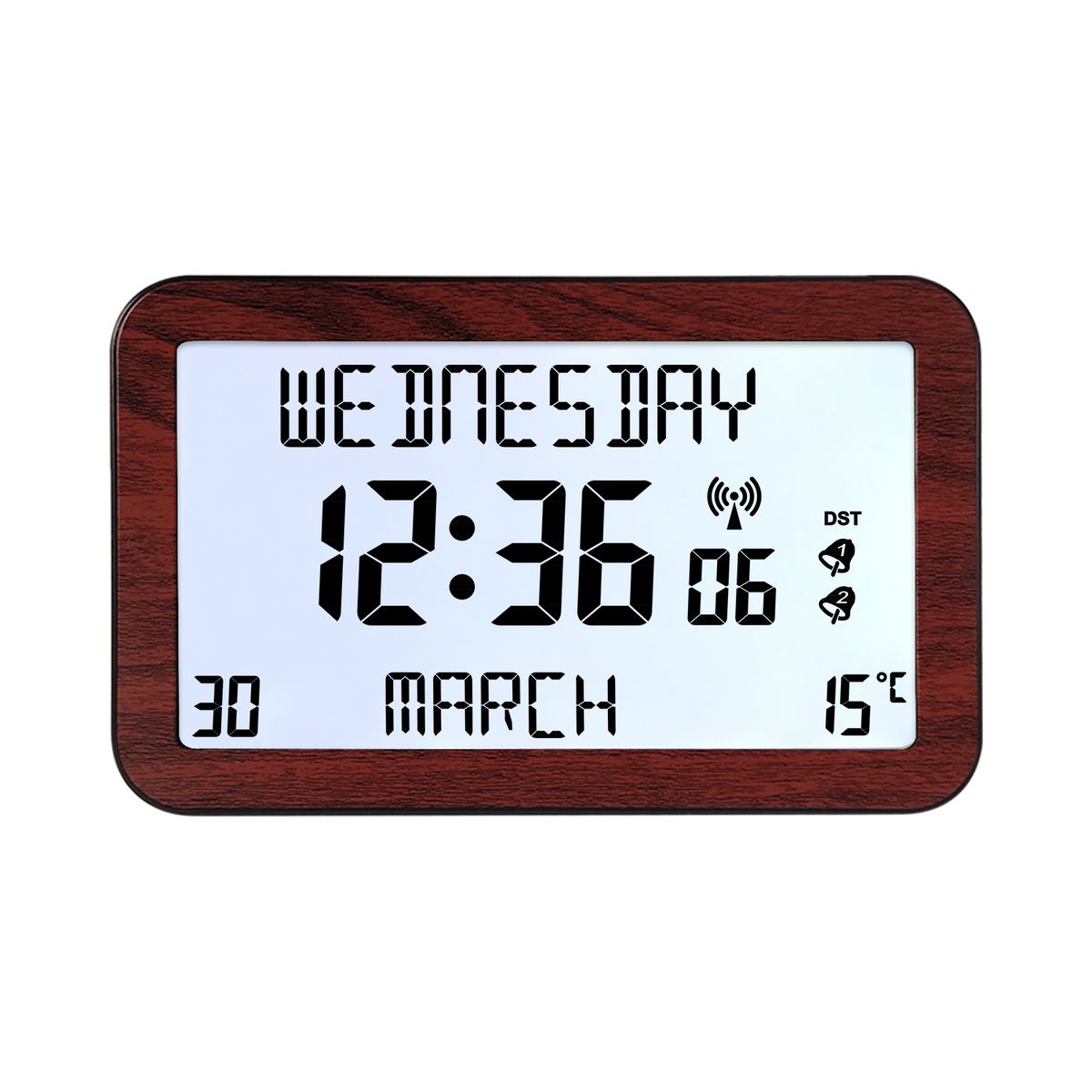 Avilo Backlit Full Disclosure Radio Controlled Clock with 6 Languages – Easy-to-Read 2.5 cm Digits, Wood