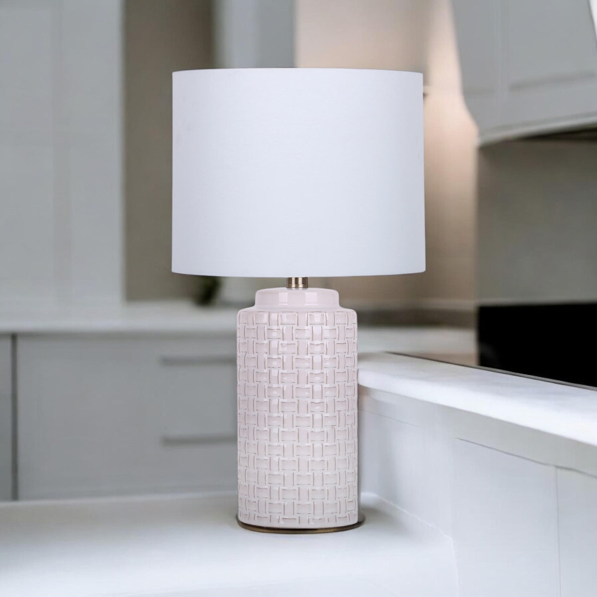 Cream Ceramic Striped Table Lamp with Handmade Drum Shade – Living Room & Bedroom Lighting