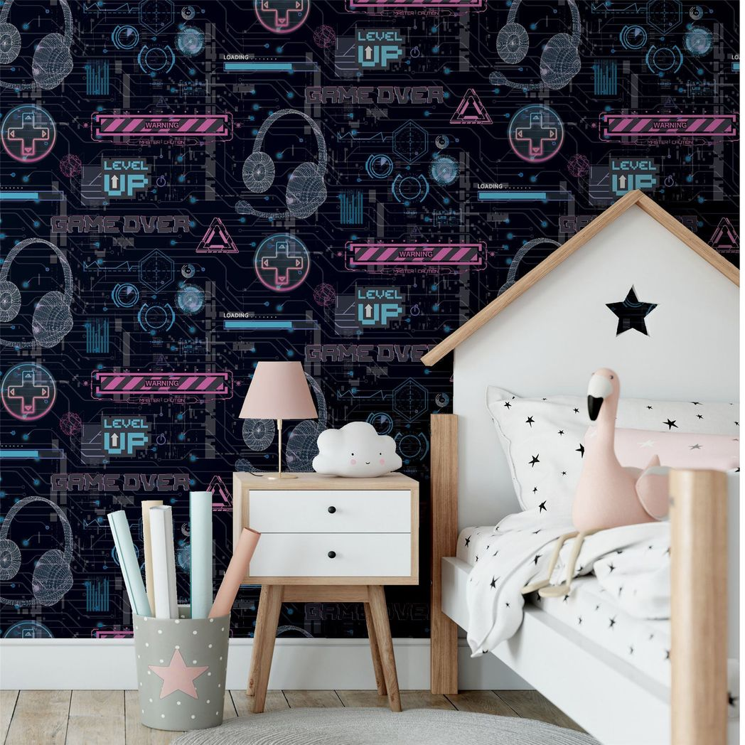 Arthouse Gamer Video Glitch Wallpaper with Neon Style Signs – Gaming Room, Play Room or Den, Pink