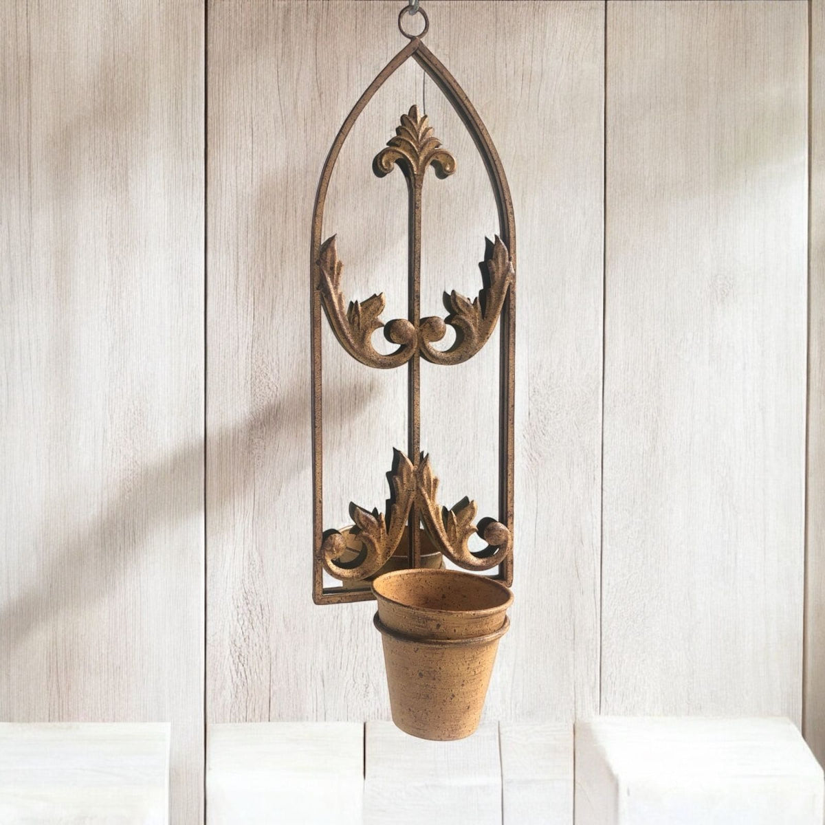 Rusty Arched 60cm Metal Garden Wall Mirror with Planter