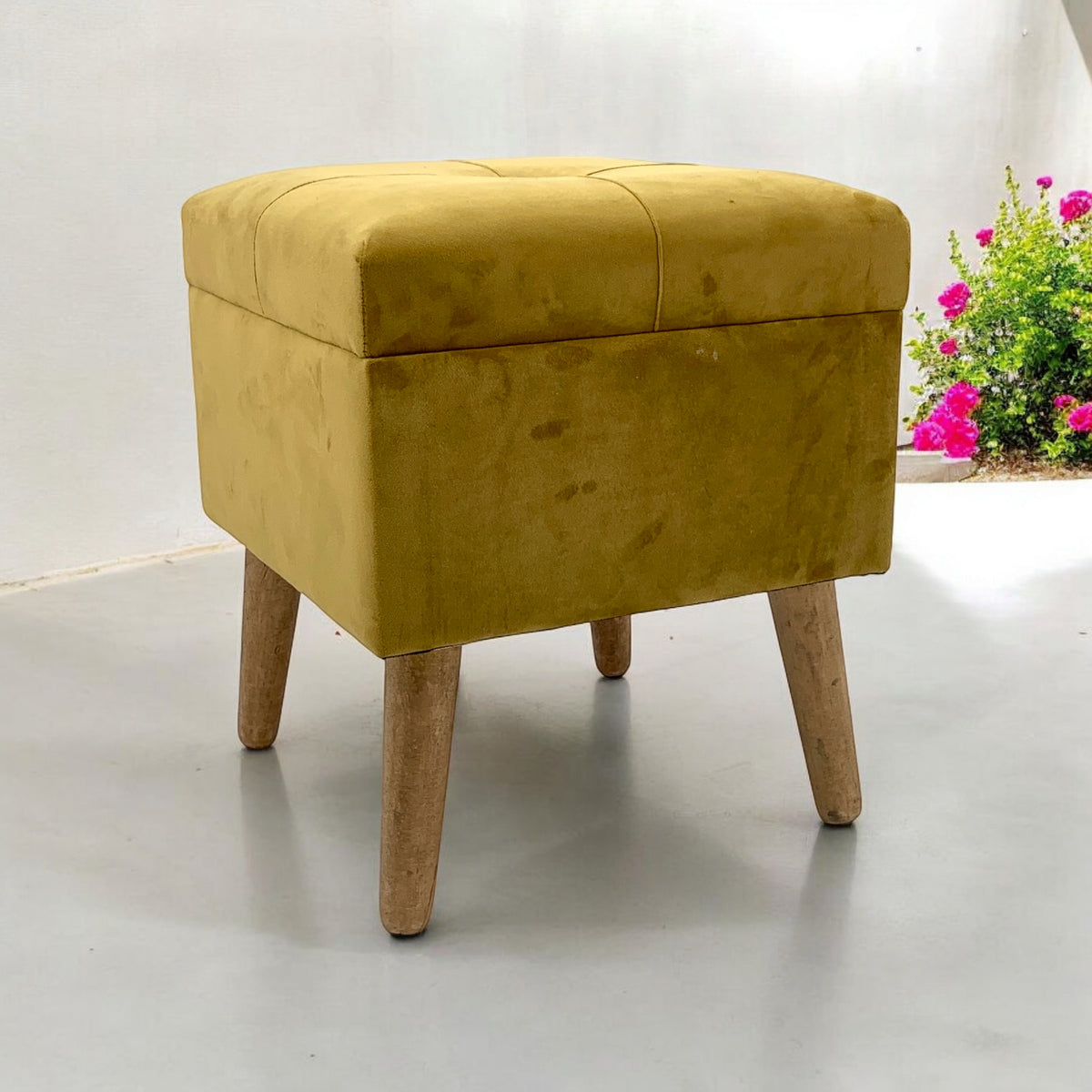 AcaciaHome Square Velvet Ottoman Footstool with Lift-Up Storage – Medium-Firm Foam Seat, Yellow
