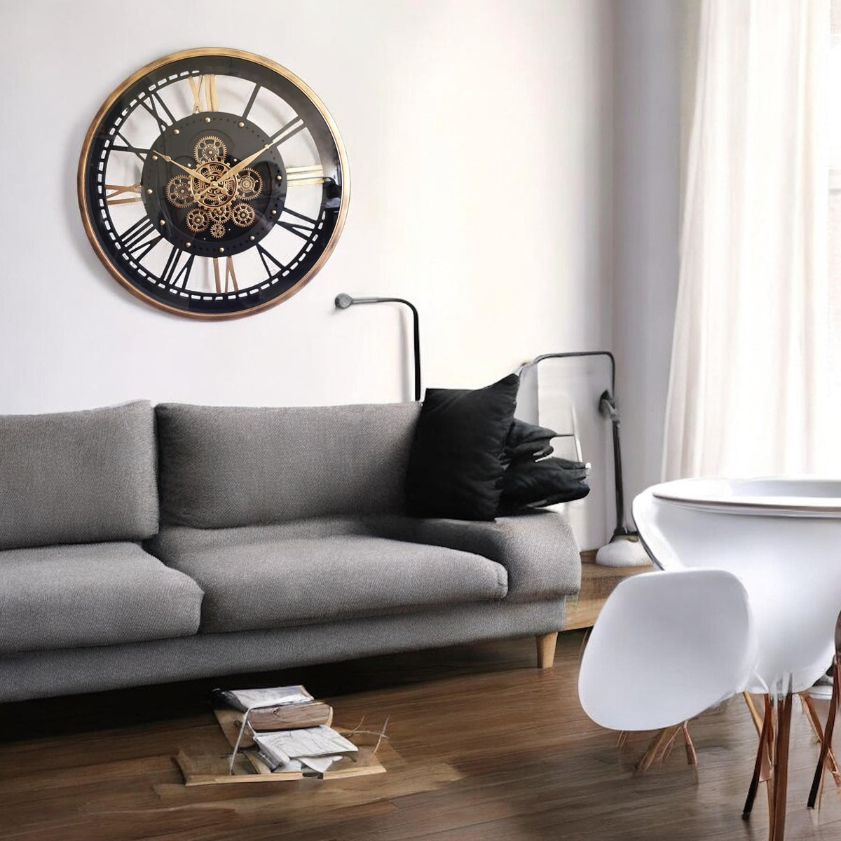 AcaciaHome Round Wall Clock with Roman Numerals and Moving Gears – Industrial Quartz Clock, Black & Gold 60cm