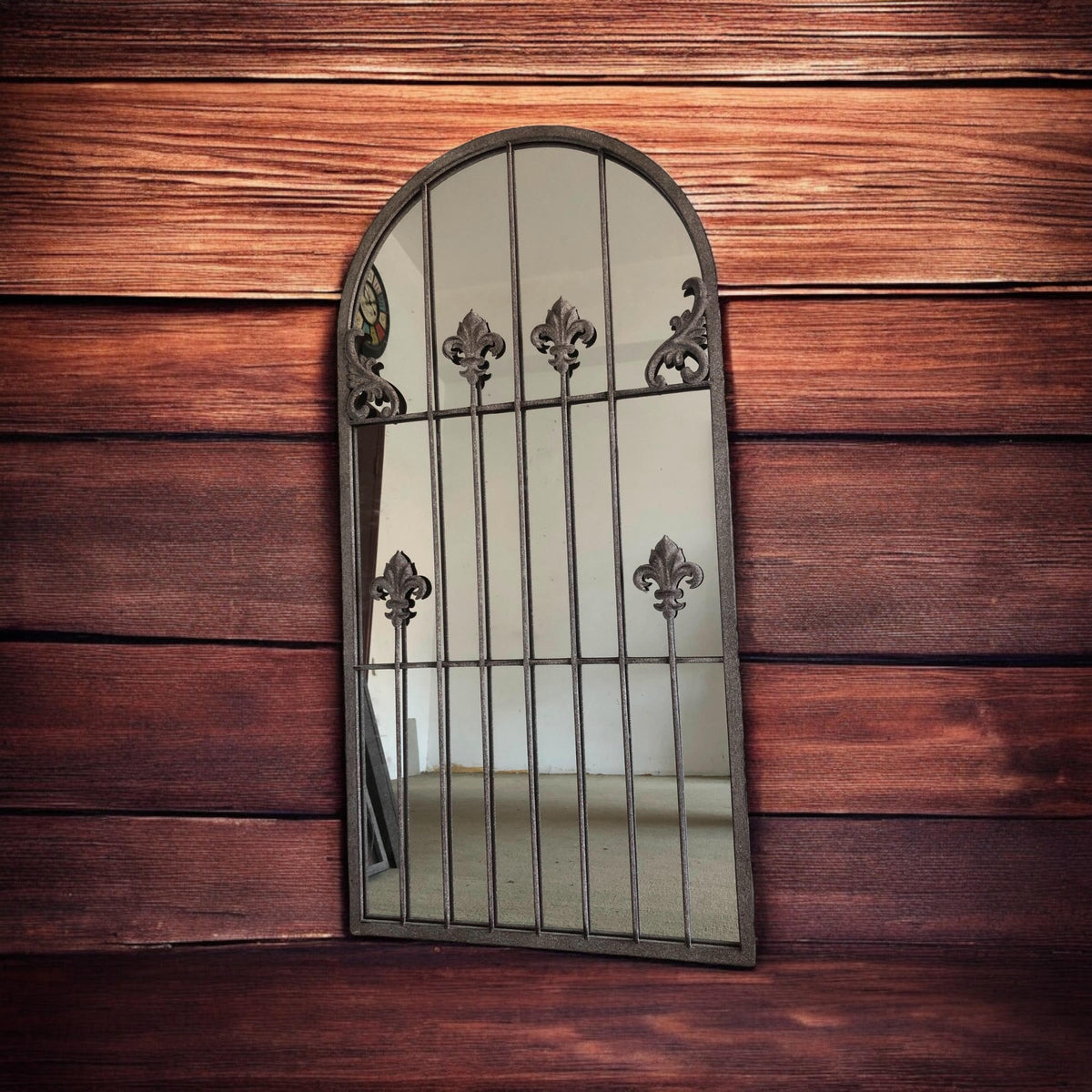 AcaciaHome Framed Arched Wall Mirror, 120cm with Rust-Finish Iron Frame & Floral Design – Indoor or Outdoor