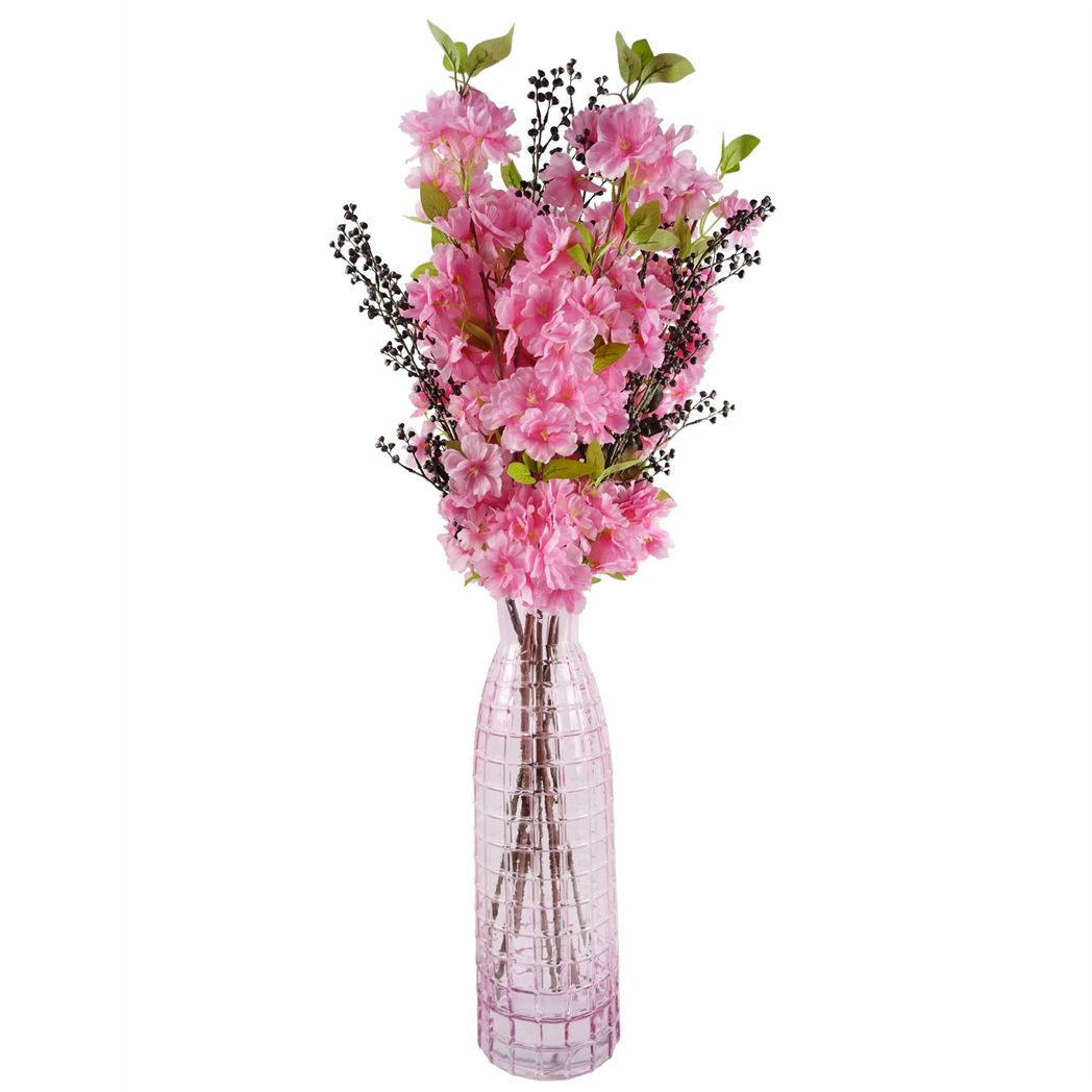 Pack of 6 Artificial Pink Blossom Stems, 100cm with Silk Flowers and Leaves – Home Floral Decor