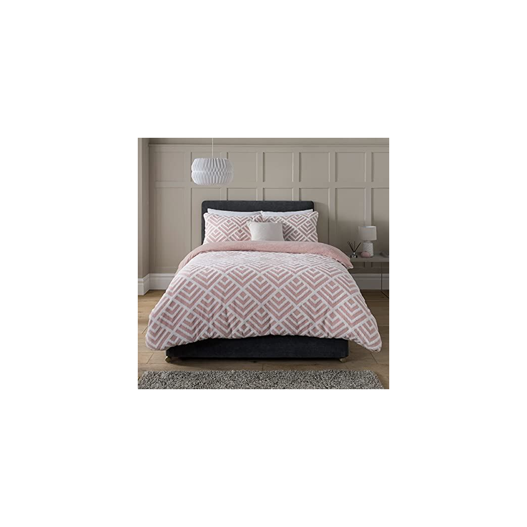 Sleepdown Geometric Jacquard Fleece Duvet Cover Set with 2 Pillowcases – Modern Bedding, Blush