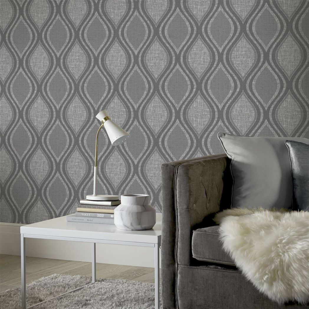 Arthouse Curve Heavyweight Vinyl Wallpaper with Metallic Shimmer – Strippable Paste the Wall, Charcoal