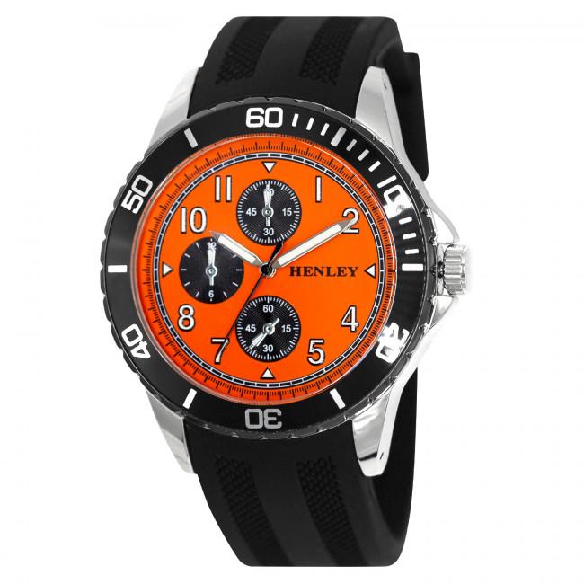 Henley Mens Multi-Eye Sports Watch – Polished Silver Case, Orange Dial, Black Silicone Strap