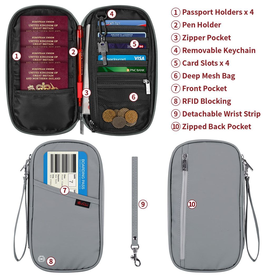 VINSANI Deluxe Passport & Travel Document Organiser with Card Slots & Zip – Grey