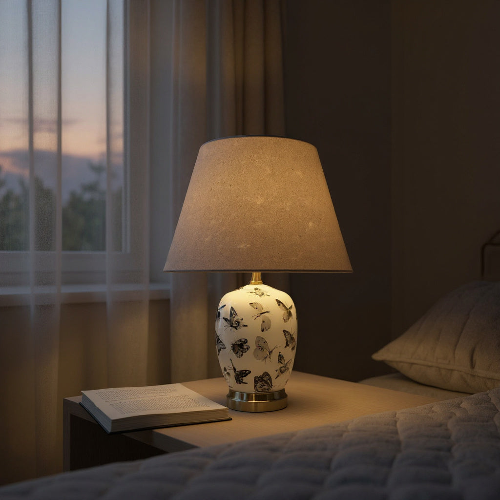 Oriental Floral Ceramic Table Lamp with Drum Shade – Decal Patterns, Soft Ambient Lighting