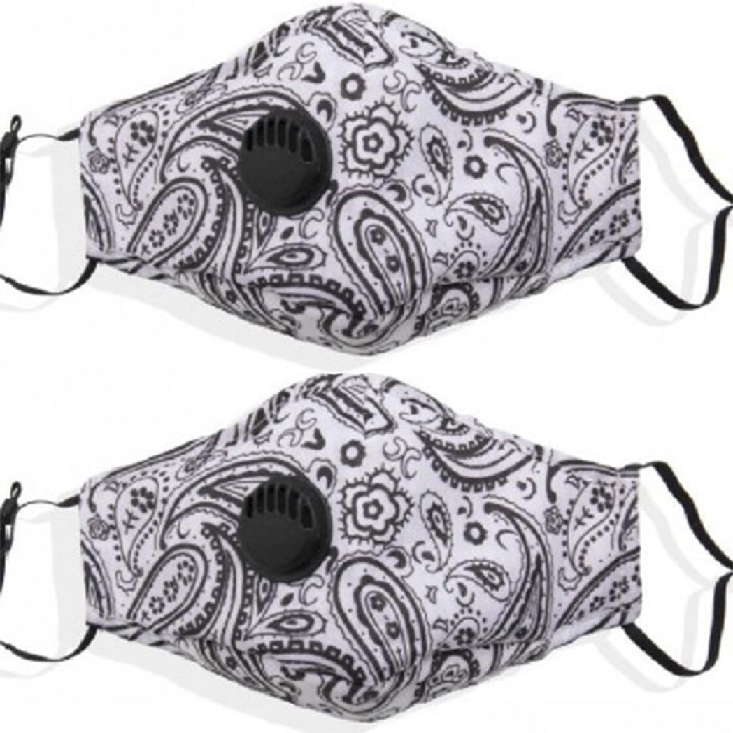 Termin8 Adult Reusable Face Mask with 2 Valve Replaceable Filters – Cotton, Adjustable Straps, White Paisley