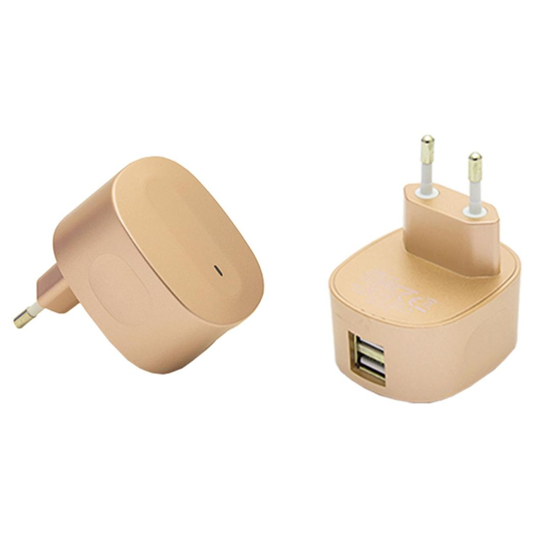 FX Multicoloured Dual USB Mains Charger, 2.4A with LED Light – Fast Charging Plug (EU), Gold