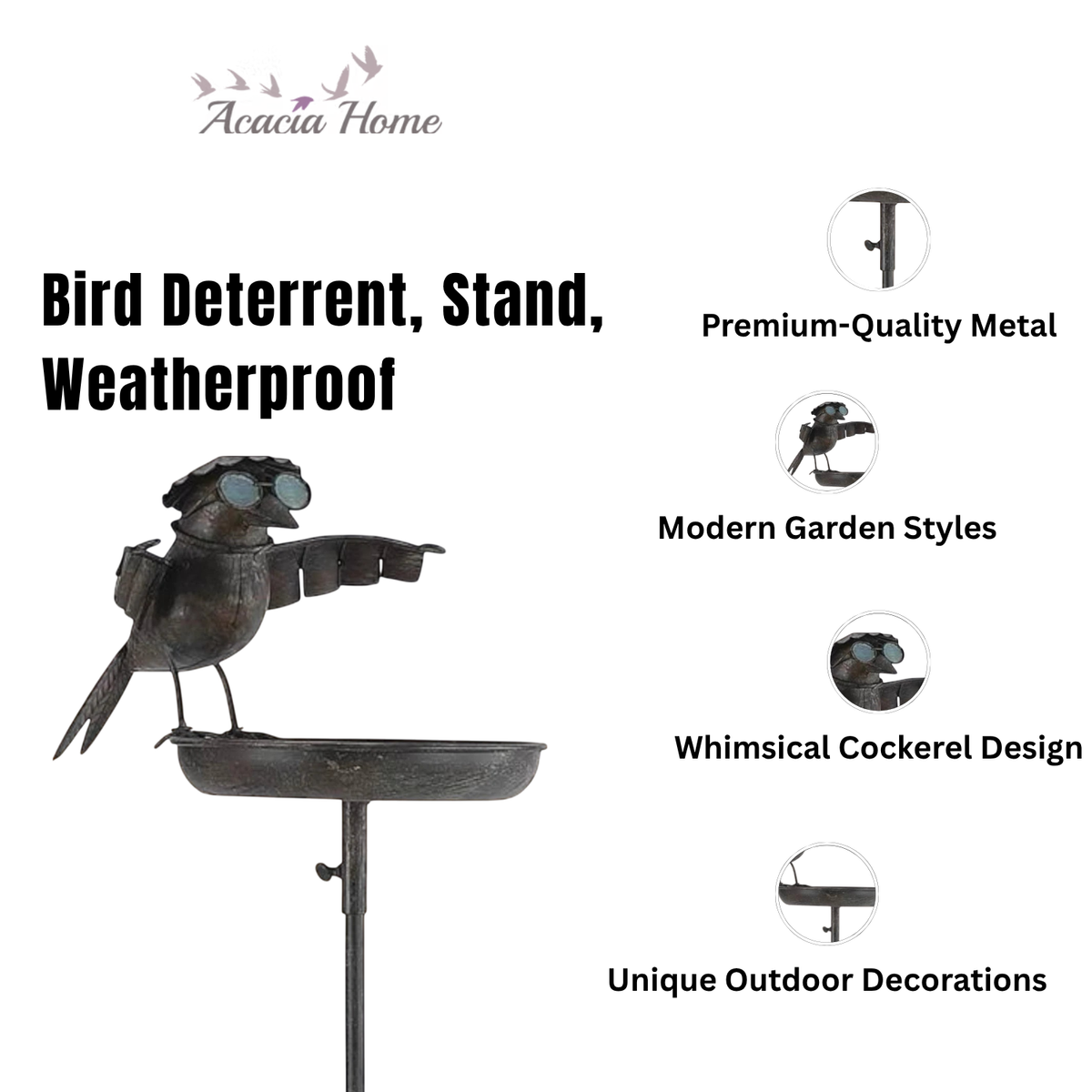Modern Metal Bird Feeder Birdbath Spinner Stake with Rocking Motion – Decorative Garden Art, Black, 51"