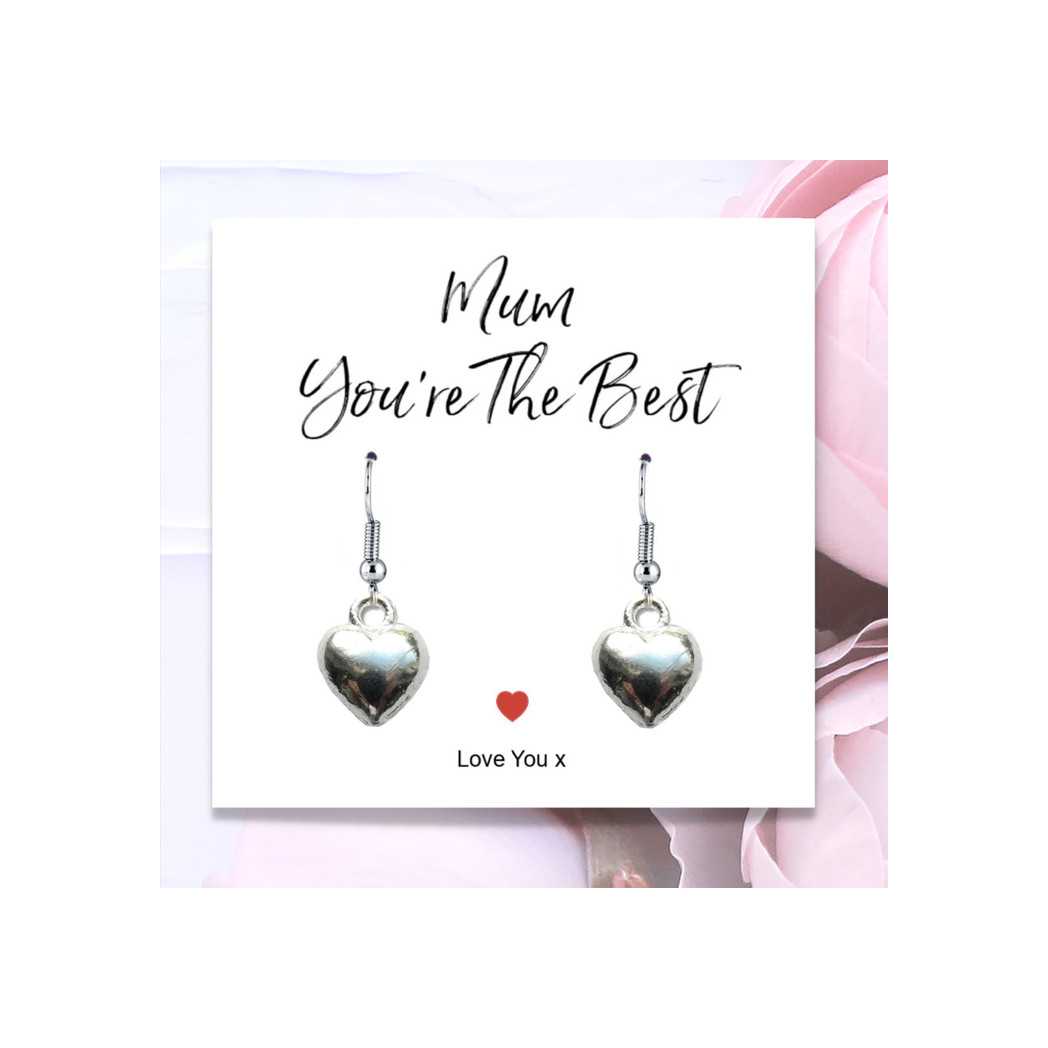 Mum You're The Best Silver Puff Heart Earrings with Message Card