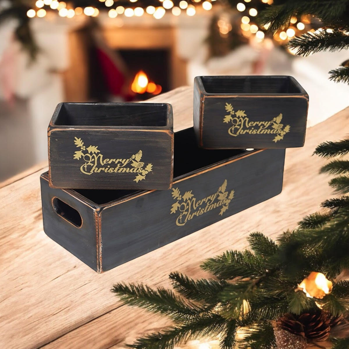 AcaciaHome Vintage Wooden Merry Christmas Storage Crate Set with Sturdy Handles – Festive Rustic Decor
