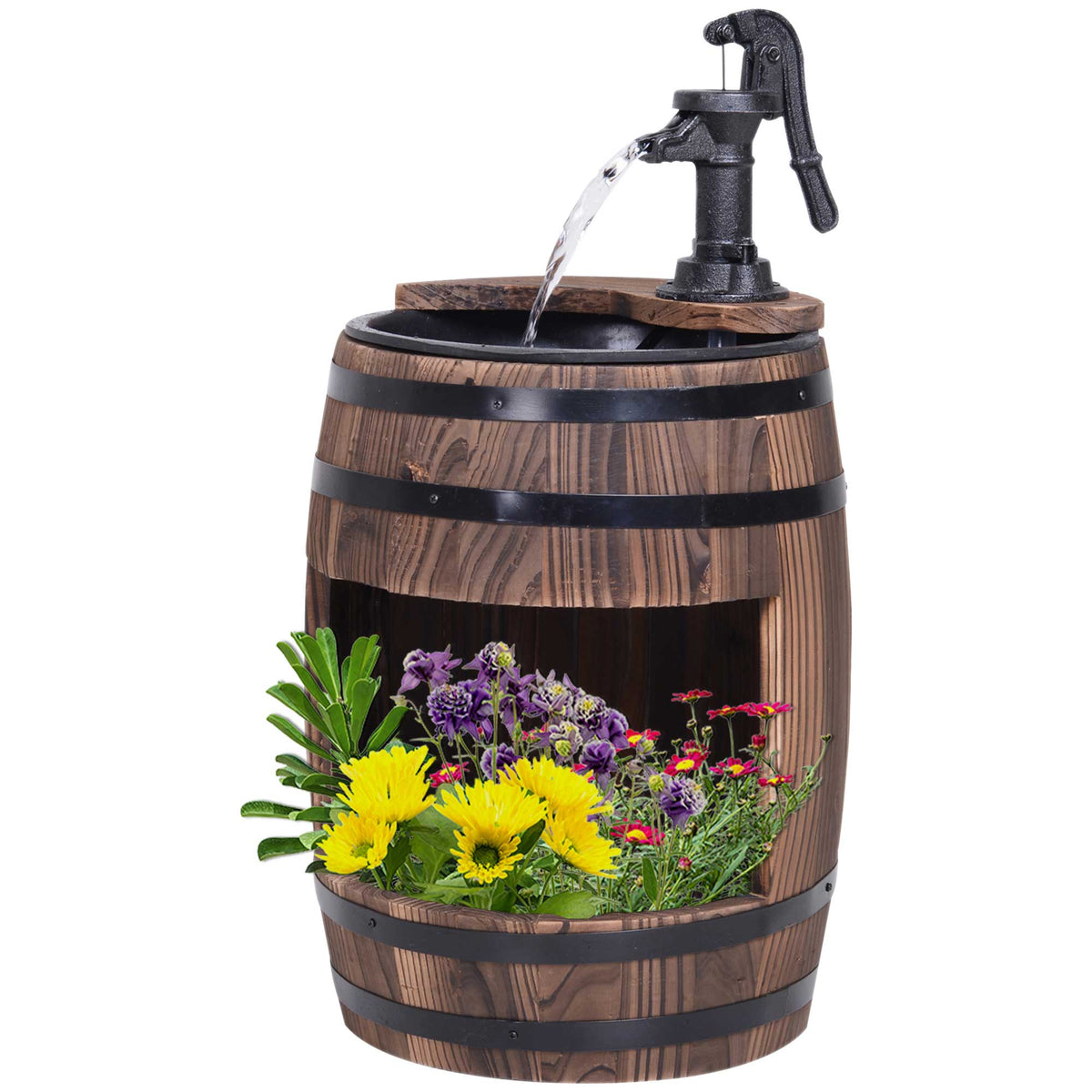 Outsunny Retro Water Pump Barrel Fountain, Solid Fir Wood – Garden Water Feature & Flower Planter Stand