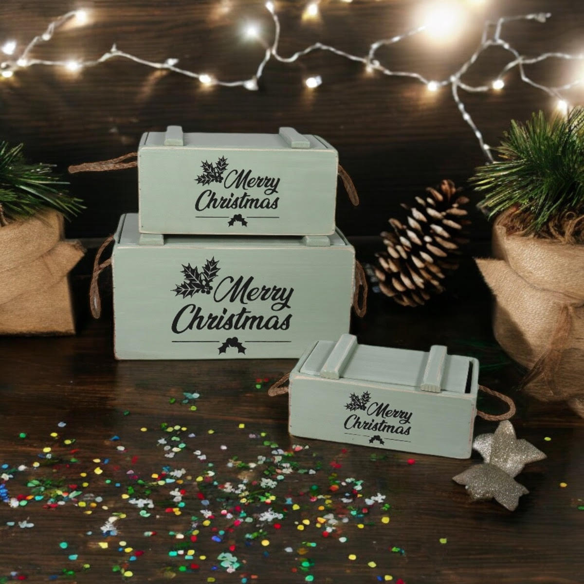AcaciaHome Vintage Wooden Merry Christmas Storage Crate Set with Sturdy Handles – Festive Rustic Decor