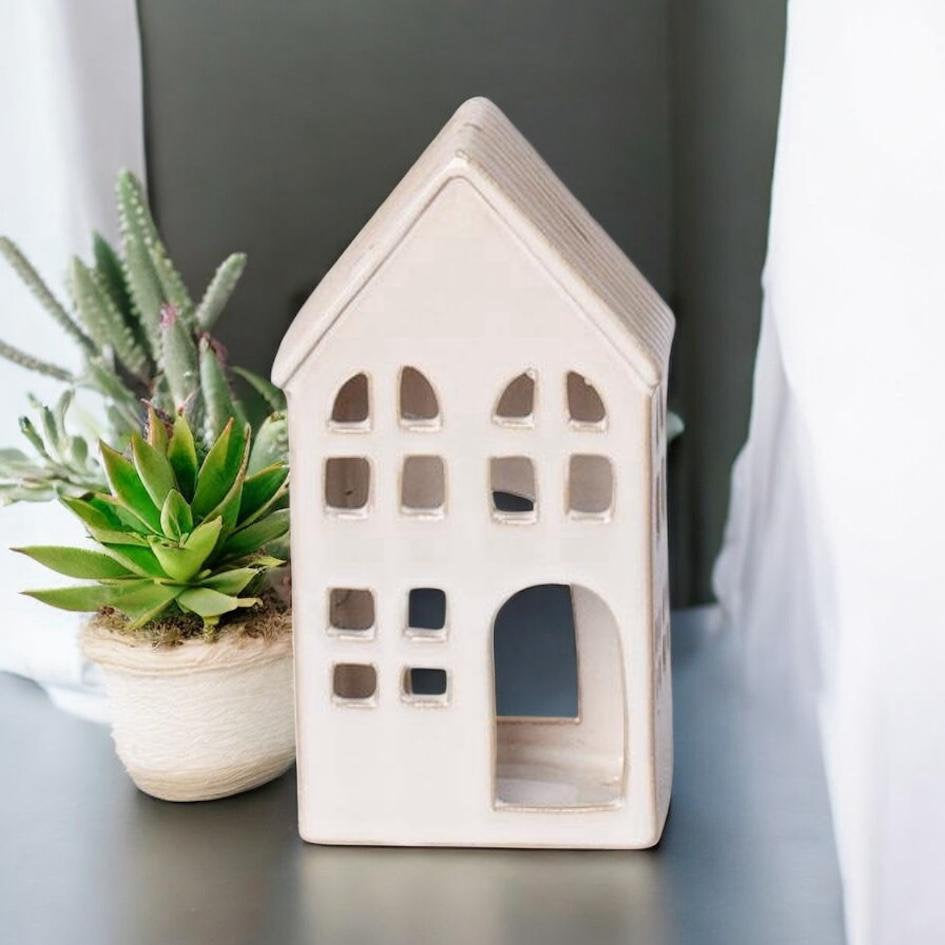 Ceramic House Tea Light Holder – Painted Village Pottery Candle Holder, Boxed Gift