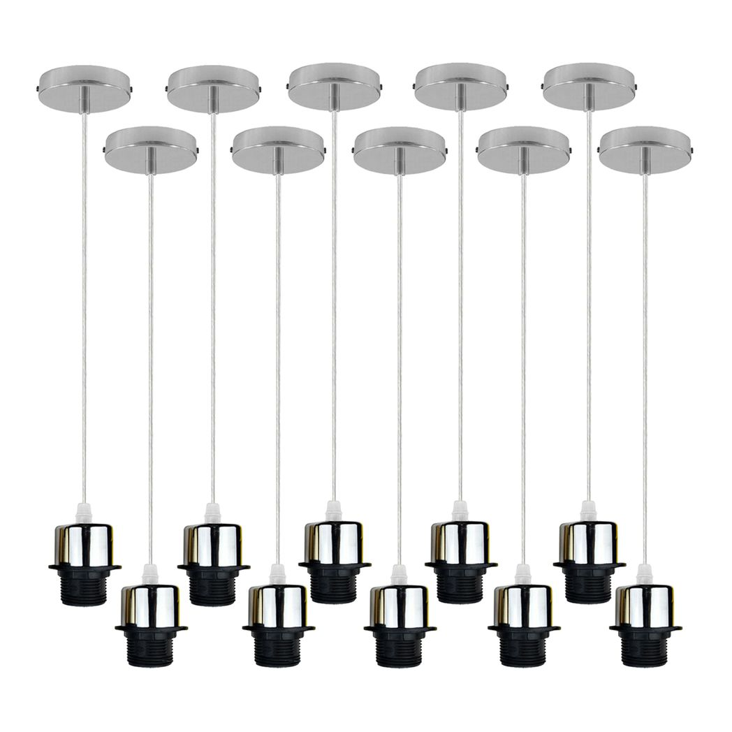 10 Pack Industrial Chrome Pendant Light Holders with 95cm Cable – E27 Vintage Ceiling Fittings