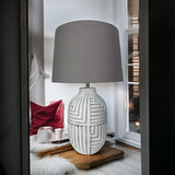 Oriental Floral Ceramic Table Lamp with Drum Shade – Large 50cm Hallway Lamp for Living Room or Bedroom, Stone Look