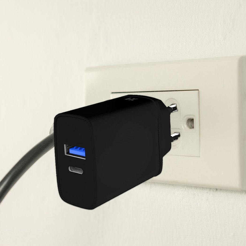 FX Dual EU Mains Charger with USB-C & USB-A Ports – Compact Travel Plug, Black