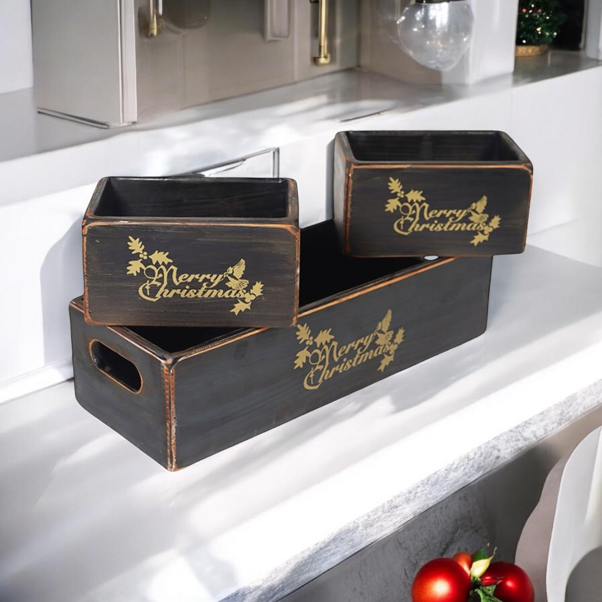 AcaciaHome Vintage Wooden Merry Christmas Storage Crate Set with Sturdy Handles – Festive Rustic Decor