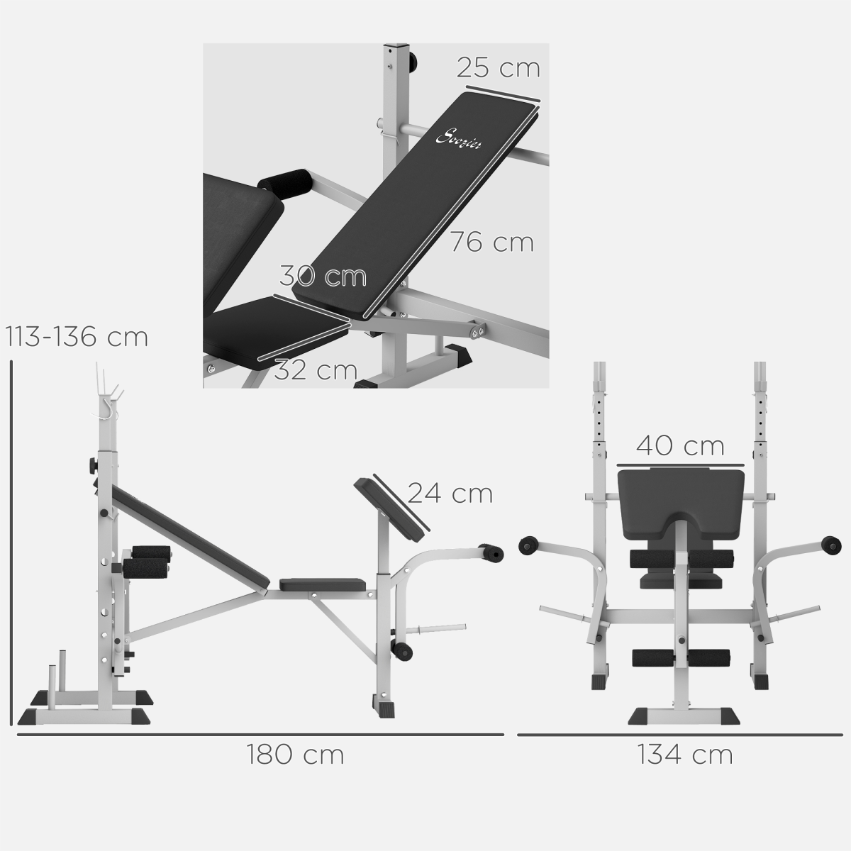 HOMCOM Adjustable Weight Bench with Squat Rack, Leg Developer & Plate Storage – Home Gym Workout Bench, Grey