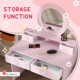 AIYAPLAY Kids Dressing Table Set with Stool, Oval Mirror and Four Drawers – Pink
