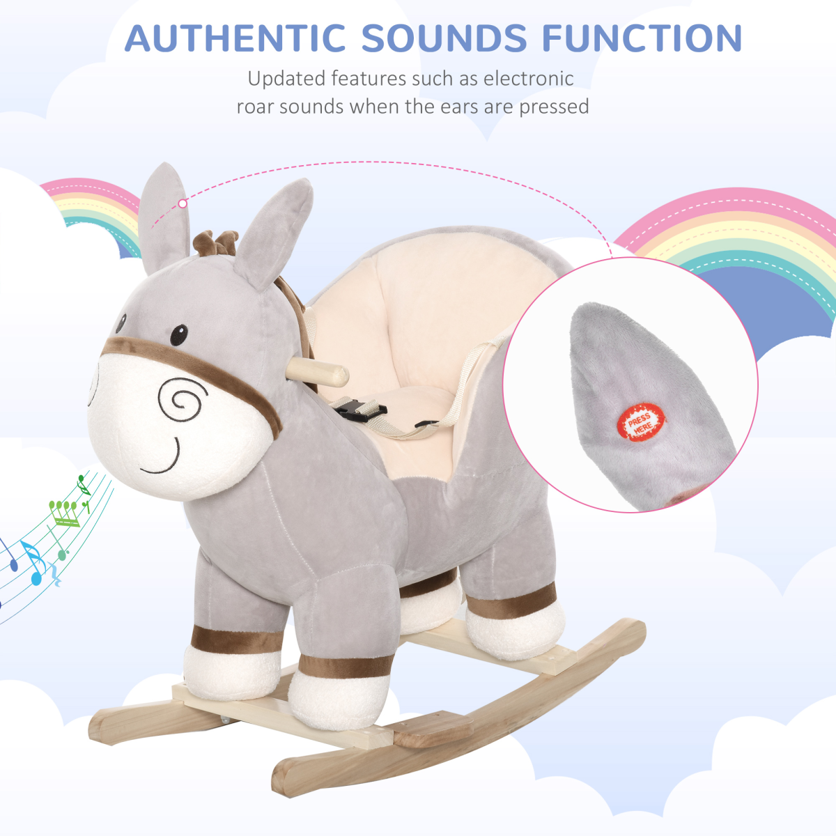 Kids Plush Donkey Rocking Horse with Steel Frame, Seat Belt & Footrest – Ride-On Toy for 18-36 Months, Grey