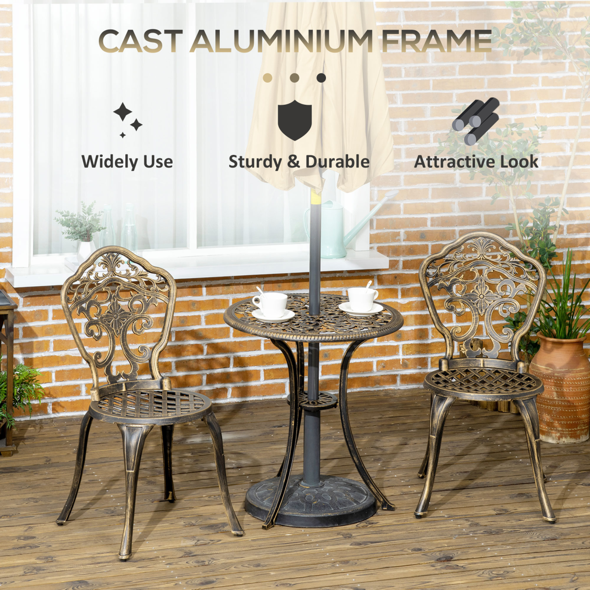 Outsunny 3-Piece Cast Aluminium Bistro Set with Parasol Hole – Two Armless Chairs & Round Table for Patio, Bronze